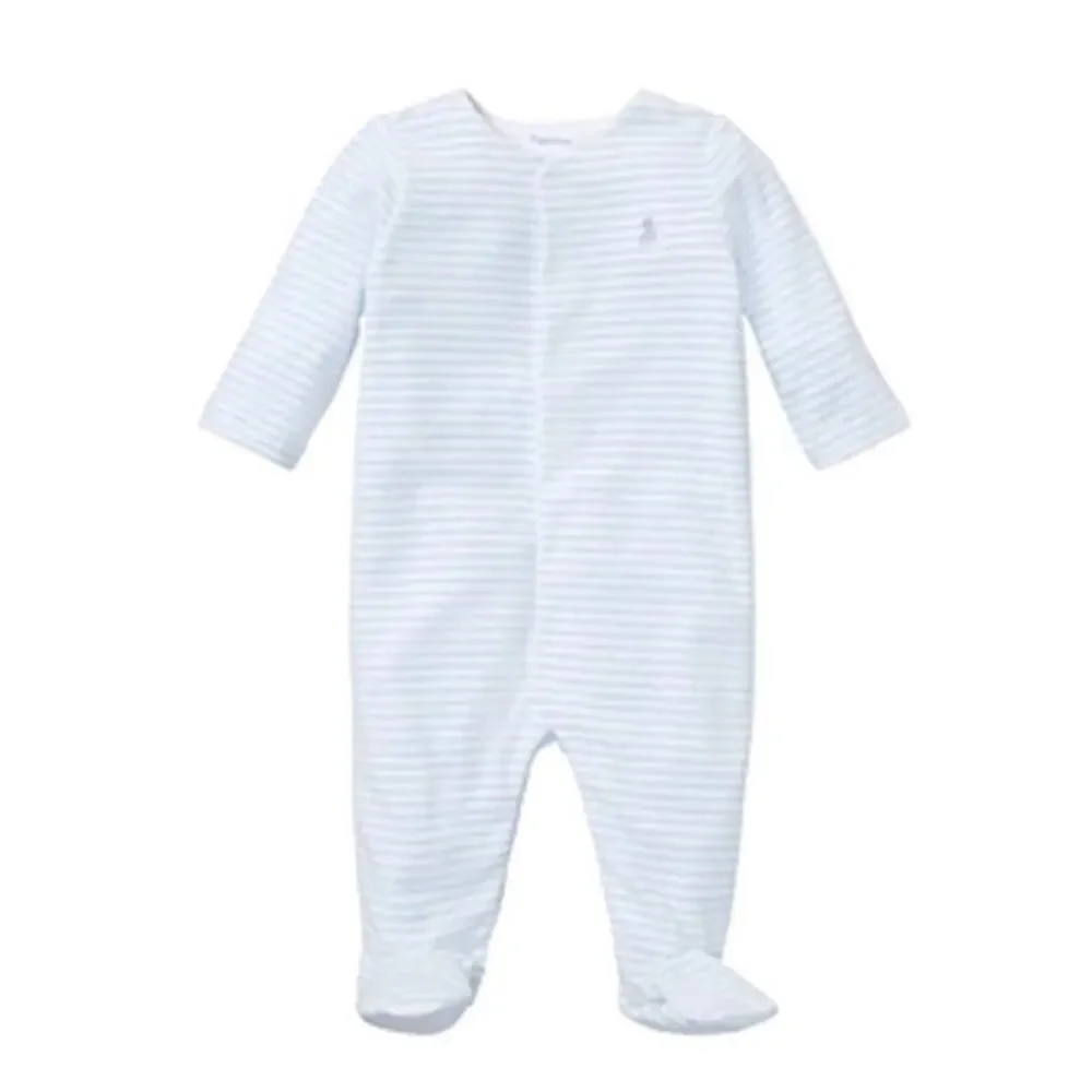 Ralph Lauren Blue Stripe Terry Cloth Velour Logo Baby Sleepsuit Footie 6 Mths